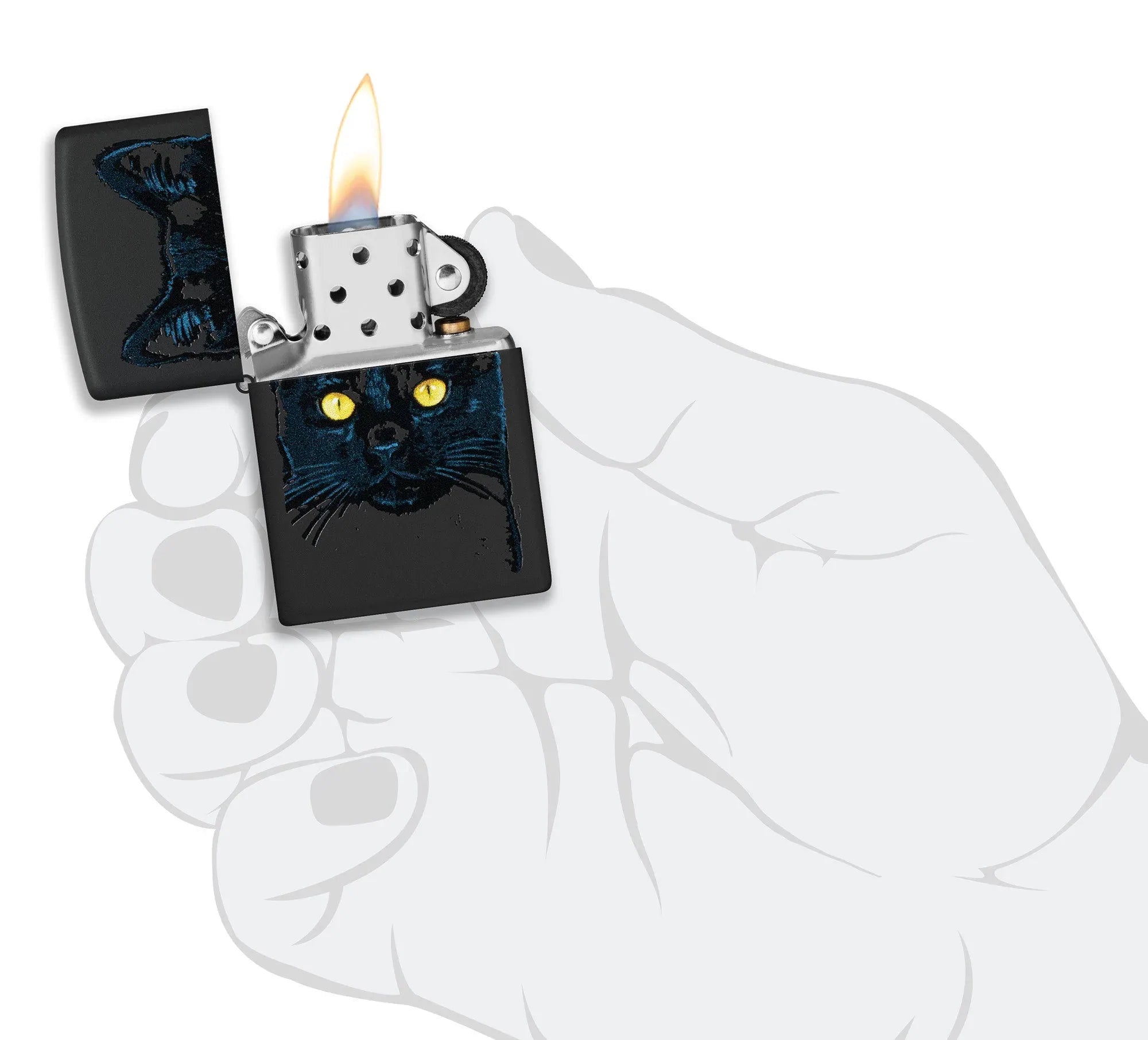 Zippo Black Cat Design Windproof Lighter lit in hand.