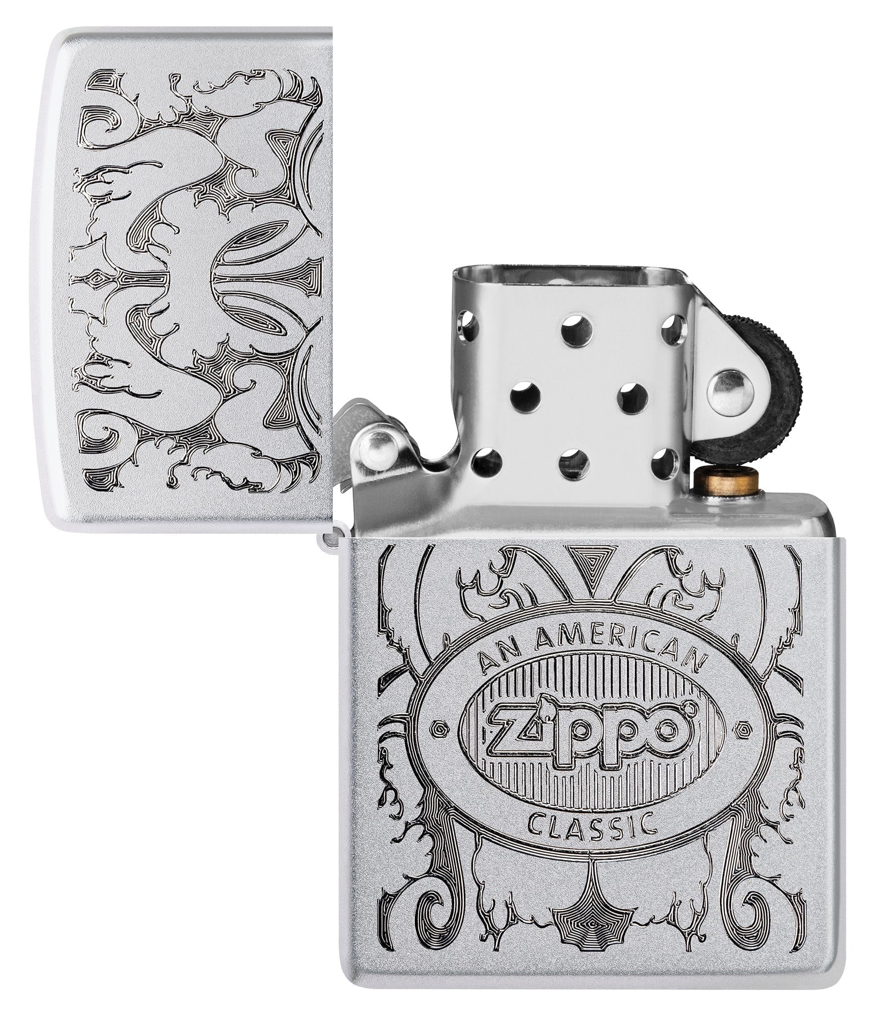 Zippo American Classic Windproof Lighter with its lid open and unlit.