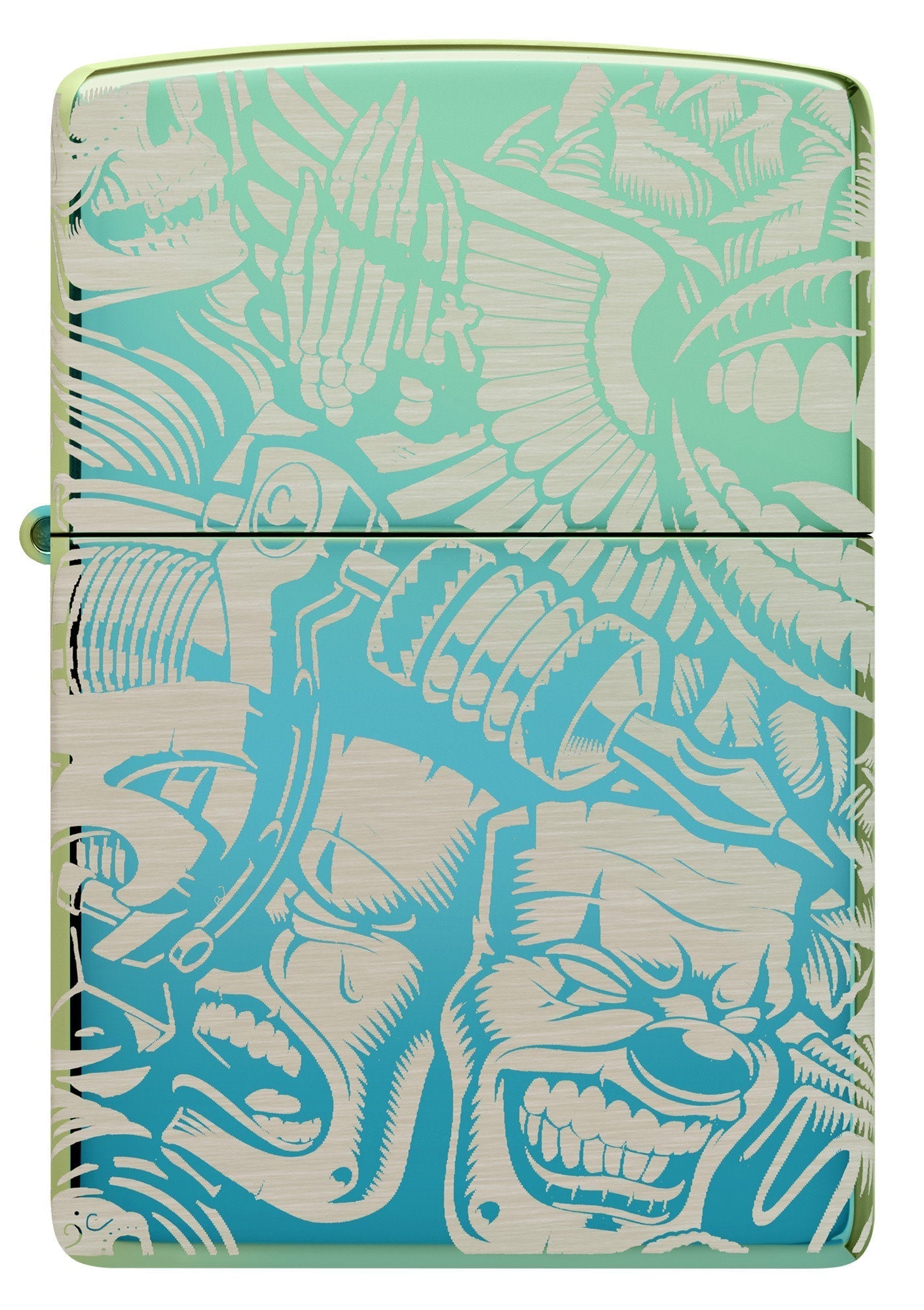 Front shot of Laser 360?? Tattoo Theme Design High Polish Teal Windproof Lighter.