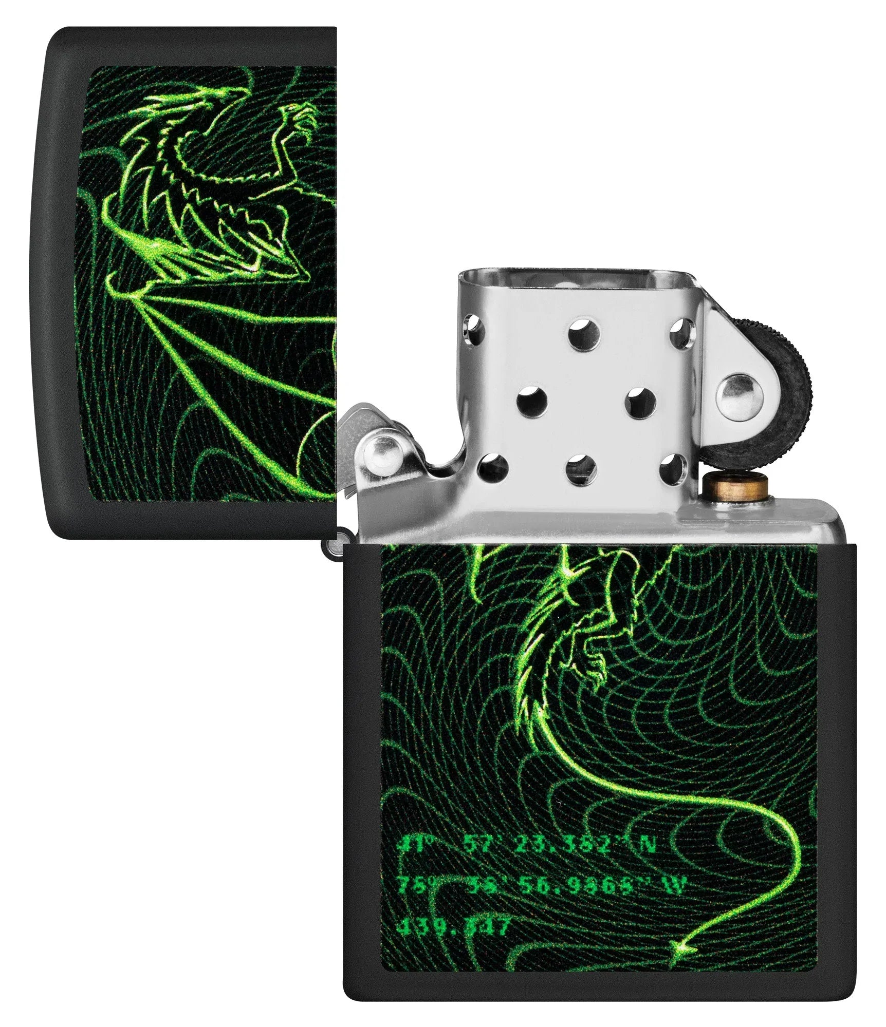 Zippo Cyberpunk Dragon Design Windproof Lighter with its lid open and unlit.
