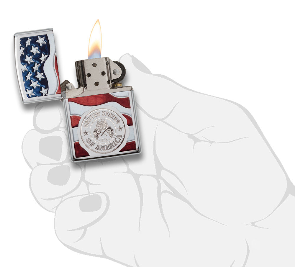 Zippo America Stamp on Flag High Polish Chrome Pocket Lighter Zippo