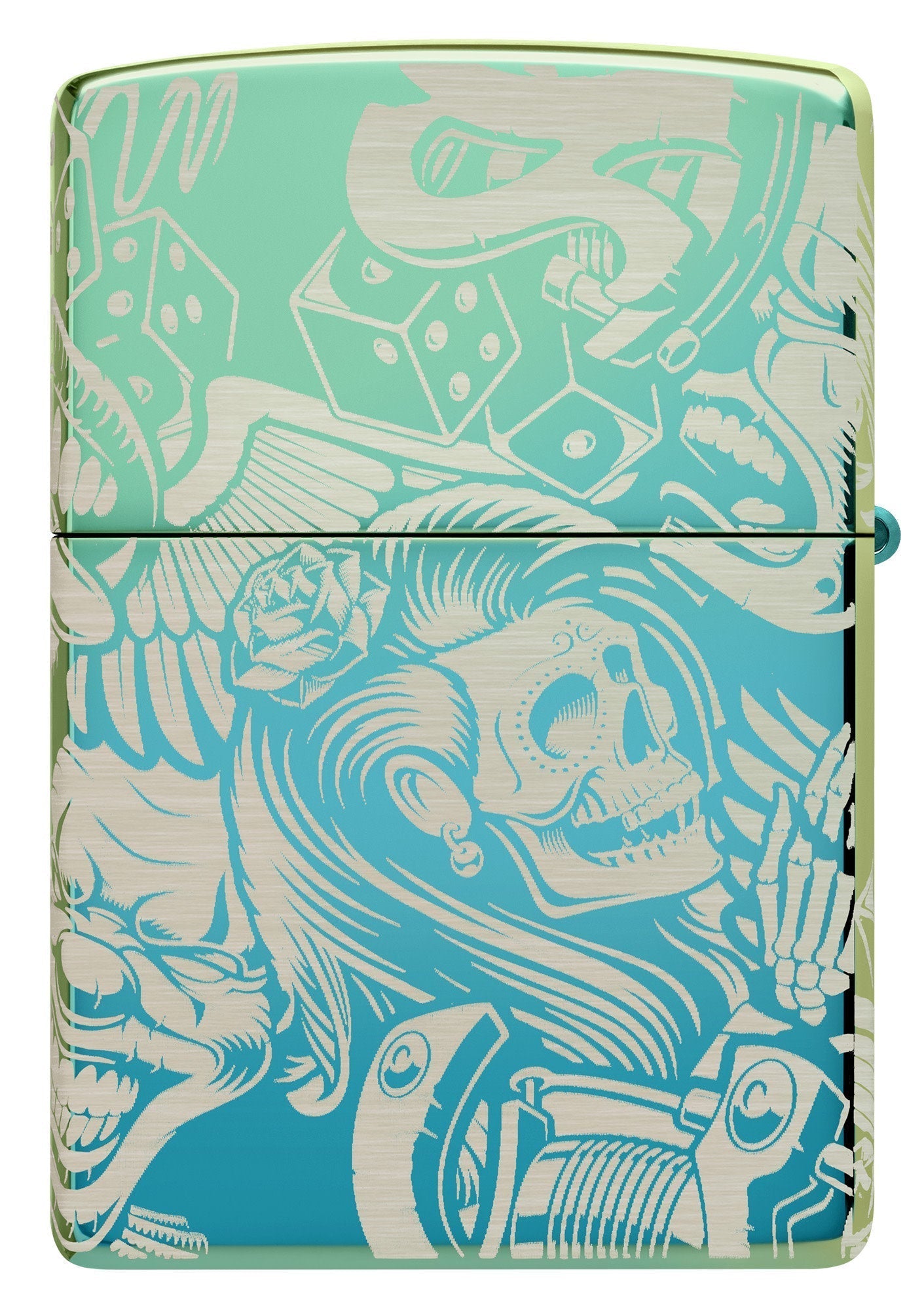 Back shot of Laser 360?? Tattoo Theme Design High Polish Teal Windproof Lighter.