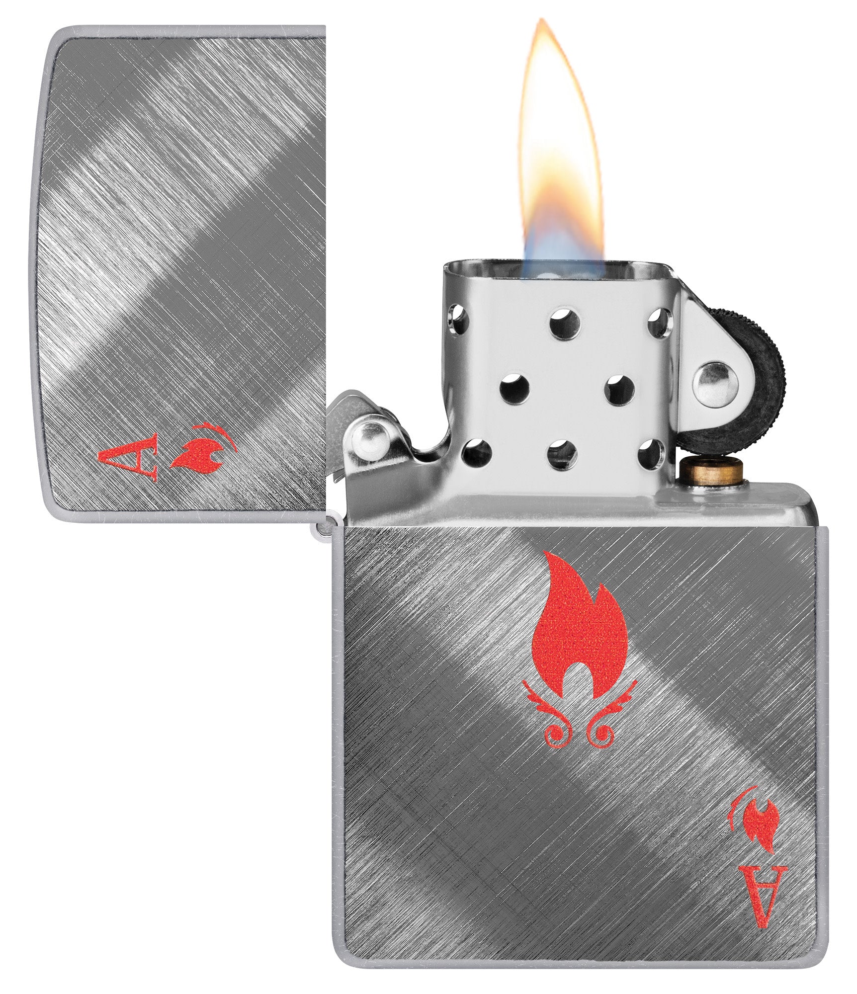 Flame Ace Design Diagonal Weave Windproof Lighter with its lid open and lit.