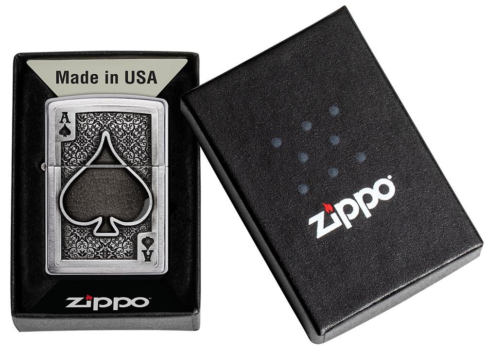 Ace Of Spades Emblem Brushed Chrome Windproof Lighter in its packaging.