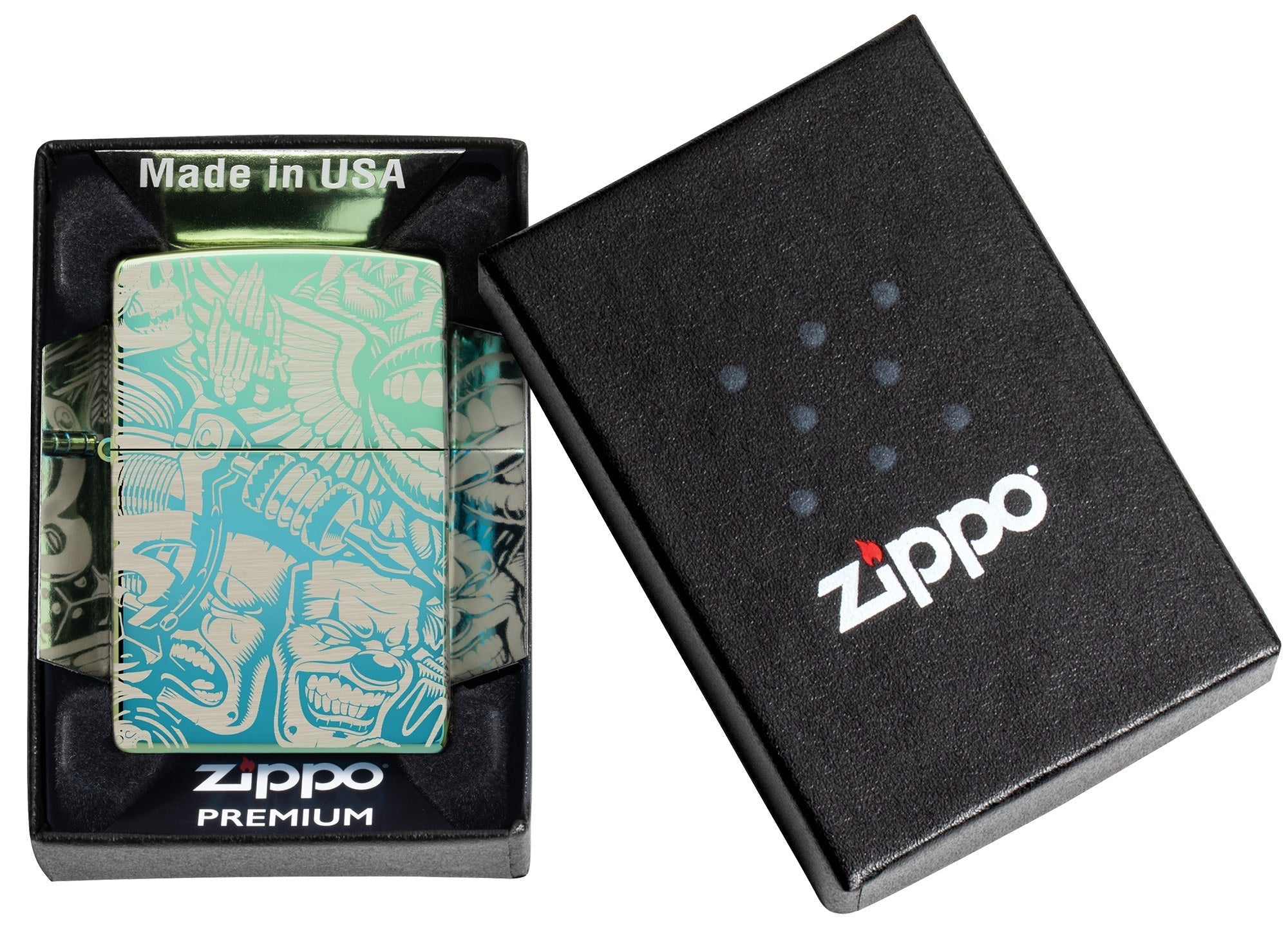 Laser 360?? Tattoo Theme Design High Polish Teal Windproof Lighter in its packaging.